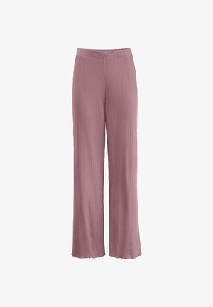Wide-leg, ribbed trousers in a soft mauve fabric. Features an elastic waistband and scalloped hem detail.