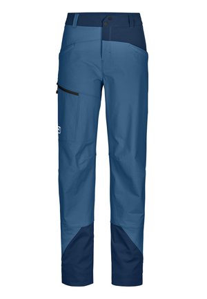 Blue outdoor pants with a partially elastic waistband, front pockets, and a side zippered pocket; features a navy accent at the hem.