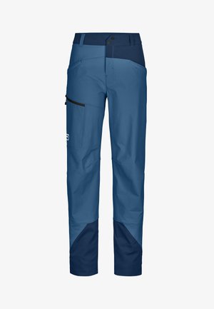Blue outdoor pants with a partially elastic waistband, front pockets, and a side zippered pocket; features a navy accent at the hem.