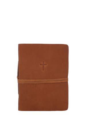 Braun ledergebundenes Buch mit kleinem eingeprägtem Kreuz auf dem Vorderdeckel, gesichert durch einen passenden Lederriemen.