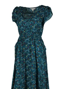 Robe courte à manches courtes bleu sarcelle avec un petit imprimé floral, taille élastiquée, devant boutonné et jupe froncée.