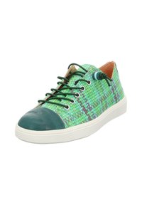 Green sneakers with a textured woven pattern, leather toe cap, and rubber sole. Features green laces and a contrasting inner lining.