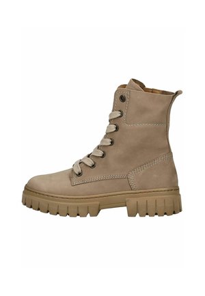 Bottines en cuir tan avec une finition texturée, bout rond, fermeture à lacets à l'avant, et semelle en caoutchouc robuste dotée de profondes rainures pour une meilleure traction.