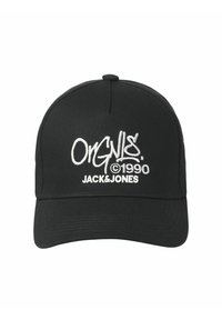Gorra de béisbol negra con texto bordado en blanco que dice "ORIGINALS © 1990 JACK & JONES", con visera estructurada y parte trasera ajustable.