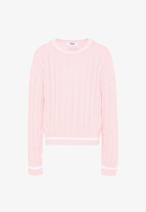 Maglione rosa chiaro a trecce con maniche lunghe, scollo rotondo e dettagli a righe bianche su polsini e orlo.