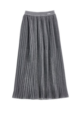 Gonna midi grigia plissettata con vita elasticizzata e un sottile etichetta del brand vicino al bordo superiore, stesa su uno sfondo bianco.