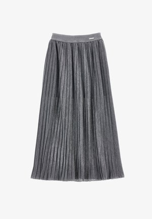 Gonna midi grigia plissettata con vita elasticizzata e un sottile etichetta del brand vicino al bordo superiore, stesa su uno sfondo bianco.