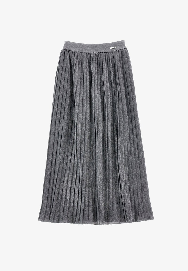 Gonna midi grigia plissettata con vita elasticizzata e un sottile etichetta del brand vicino al bordo superiore, stesa su uno sfondo bianco.