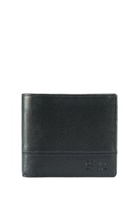 Czarny skórzany portfel o teksturowanym wykończeniu, w formie składanej na pół, z przeszyciami. Posiada delikatne logo marki wytłoczone z przodu.