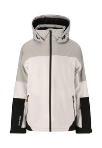 Wasserdichte Jacke mit Kapuze, überwiegend weiß mit grauen und schwarzen Farbkombinationen, mit Reißverschlusstaschen und einer strukturierten Oberfläche.