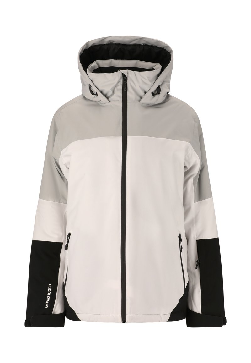 Wasserdichte Jacke mit Kapuze, überwiegend weiß mit grauen und schwarzen Farbkombinationen, mit Reißverschlusstaschen und einer strukturierten Oberfläche.