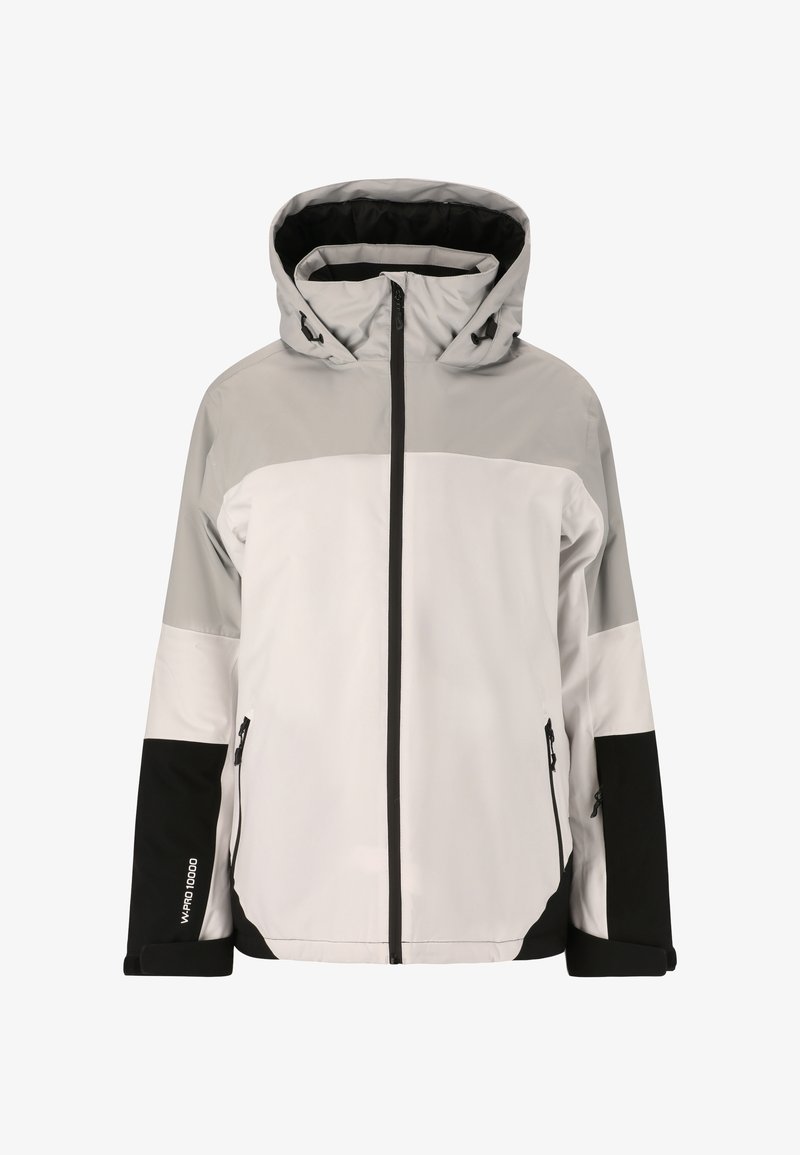 Wasserdichte Jacke mit Kapuze, überwiegend weiß mit grauen und schwarzen Farbkombinationen, mit Reißverschlusstaschen und einer strukturierten Oberfläche.