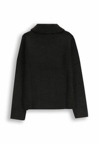 Czarny prążkowany sweter z wysokim kołnierzem, długimi rękawami i luźnym krojem. Teksturowany materiał z delikatnym połyskiem podkreśla design.