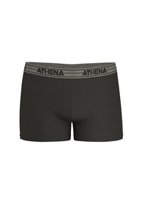 Boxer-briefs noirs en matériau doux, avec une ceinture élastique grise portant le logo "ATHENA". Conception ajustée avec une finition lisse.