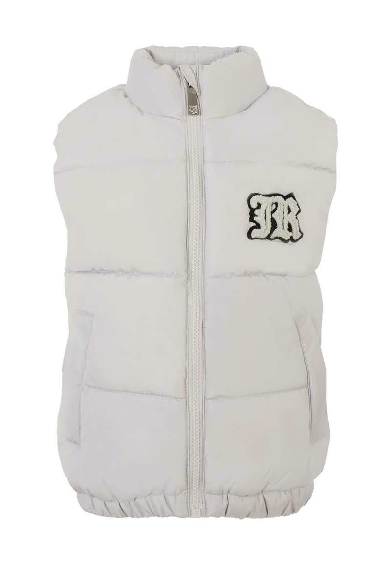 Biała, ocieplana kamizelka z wysokim kołnierzem, z zapięciem na zamek błyskawiczny z przodu, bocznymi kieszeniami i teksturowanym, czarnym haftowanym logo po lewej stronie.
