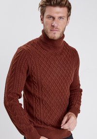 Pull à col roulé en tricot brun avec un motif en diamant texturé et des détails en torsade, présentant des poignets et un ourlet côtelés.