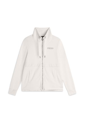 Veste en polaire blanche zippée avec col montant, portant le mot "FREDDY" en argent. Deux poches latérales et des poignets �élastiques pour un ajustement parfait.