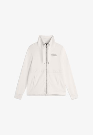 Veste en polaire blanche zippée avec col montant, portant le mot "FREDDY" en argent. Deux poches latérales et des poignets élastiques pour un ajustement parfait.