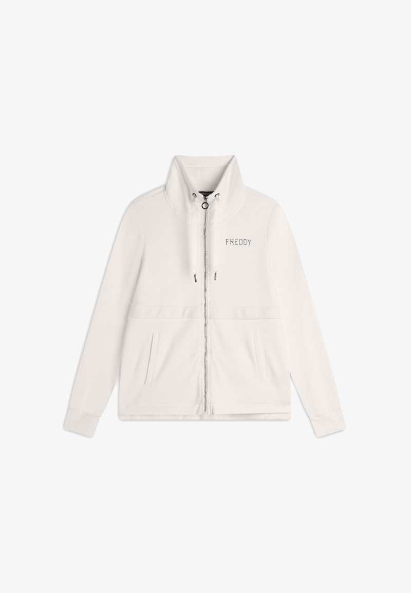 Giacca in pile bianca con zip e colletto alto, caratterizzata dalla scritta "FREDDY" in argento. Due tasche laterali e polsini elasticizzati per una migliore vestibilità.