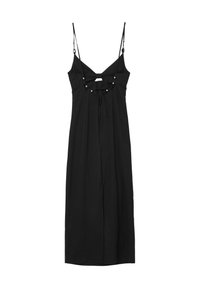 Schwarzes ärmelloses Kleid mit einem Ausschnitt vorne und Schleifendetail, verziert mit kreisförmigen Akzenten, aus einem glatten Stoff gefertigt.