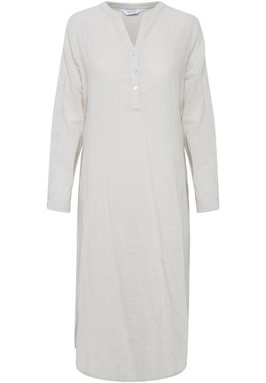 Gaiši bežs garām piedurknēm krekla kleita, izgatavota no teksturētas auduma, ar pogu apkakli, trim pogām priekšpusē un sānu šķeltnēm.