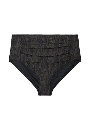 Zwarte bikini broekje met hoge taille, geplooide voorkant en subtiel bloemmotief in donkergrijze tinten.
