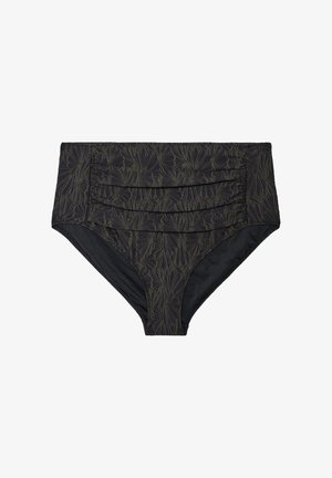 Sort bikiniunderdel med højtaljet, plisseret front og subtilt blomstret mønster i mørkegrå toner.