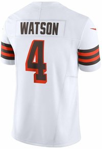 Weißes Fußballtrikot mit "WATSON" in braunen Buchstaben und der Nummer "4" in Orange, ergänzt durch braune und orange gestreifte Akzente an den Ärmeln.