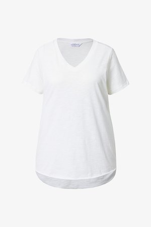 Bílé bavlněné tričko s krátkým rukávem, výstřihem do V a zaobleným lemem.