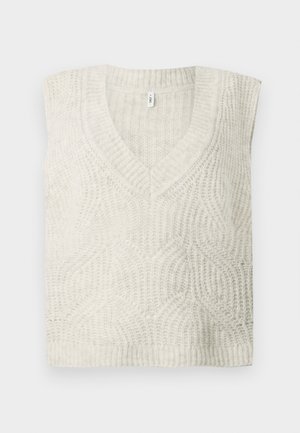 Gaišs krēms piedurknēm bez krekla adīts džemperis ar V veida kakla izgriezumu, kuram ir teksturēts viļņu raksts un ribotās malas.