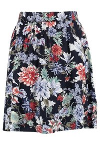Floral skirt with an elastic waistband, featuring a navy background adorned with multicolored flowers and botanical patterns. Soft fabric texture.