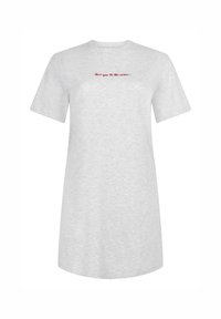 Γκρι βαμβακερό φόρεμα T-shirt με κοντά μανίκια, με κόκκινο κείμενο "σ' αγαπώ μέχρι το φεγγάρι" στο μπροστινό μέρος. Απλός, άνετος σχεδιασμός.