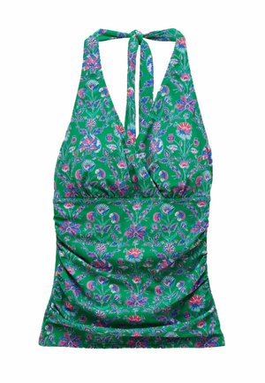 Haut dos nu vert avec motif floral rose, bleu et violet, noué au niveau du cou, doté de côtés froncés et d'un décolleté en V profond.