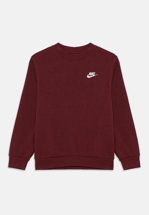 Bordeaux rød sweatshirt med lange ærmer og rund hals med ribstrikkede manchetter og kant, med et lille hvidt Nike-logo på venstre bryst.