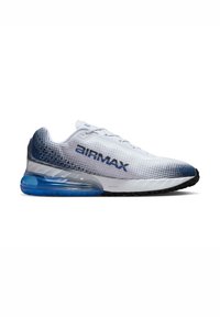 White athletic shoe with mesh upper, blue gradient detailing, air cushioning in heel, and textured rubber sole. "Air Max" logo visible.