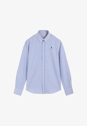 Cămașă cu dungi verticale alb-albastre, cu nasturi și guler cu nasturi, având un mic logo brodat închis pe pieptul stâng.