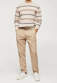 Maglioncino beige a righe con scollo rotondo, abbinato a pantaloni plissettati beige chiaro e sneakers bianche. Tessuto morbido e vestibilità comoda.