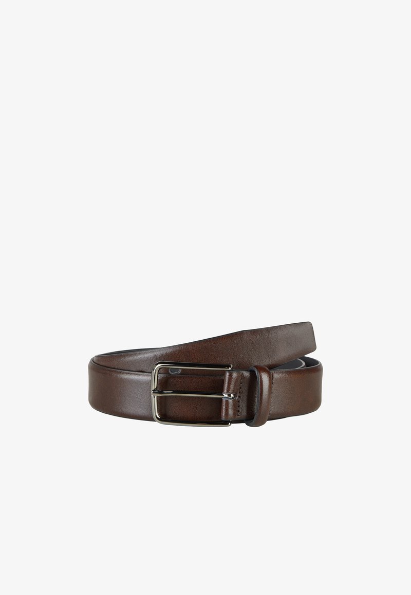 Dark brown leather belt rolled with rectangular silver metal buckle and belt loop on white background.