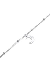 Silver chain bracelet with a crescent moon charm, featuring small beads along the chain and stamped with "925" to indicate sterling silver.