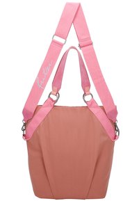 Borsa a tracolla rosa e beige con una texture liscia, spalline rosa regolabili e hardware in argento. Presenta un design morbido e spazioso per la praticità.