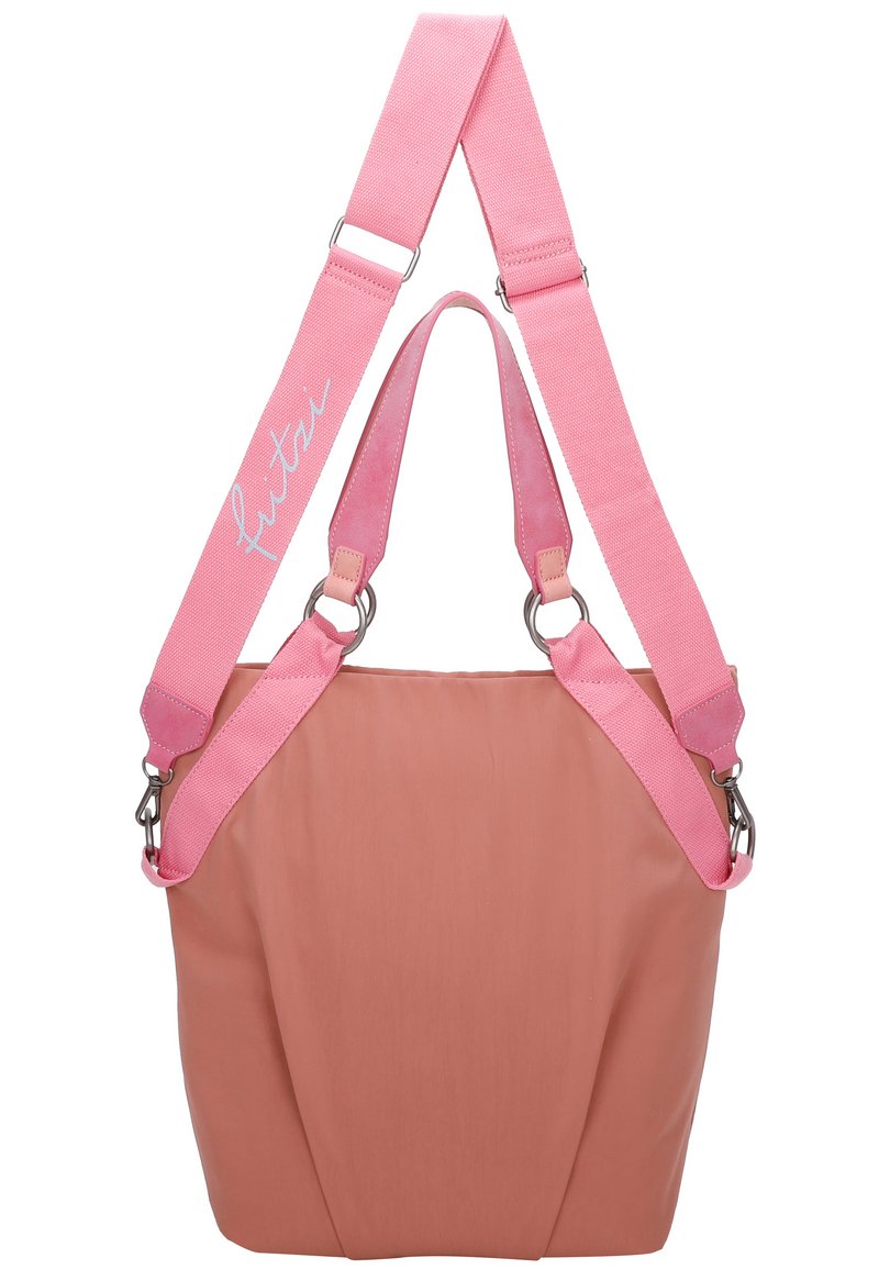 Borsa a tracolla rosa e beige con una texture liscia, spalline rosa regolabili e hardware in argento. Presenta un design morbido e spazioso per la praticità.