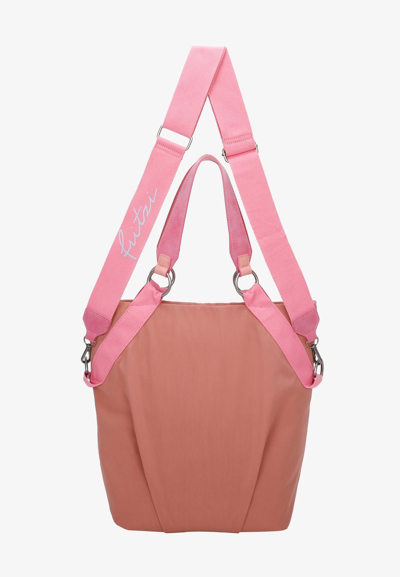 Borsa a tracolla rosa e beige con una texture liscia, spalline rosa regolabili e hardware in argento. Presenta un design morbido e spazioso per la praticità.