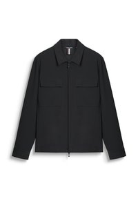 Giacca nera con zip realizzata in tessuto liscio, dotata di colletto, due tasche frontali e maniche lunghe con polsini abbottonati.