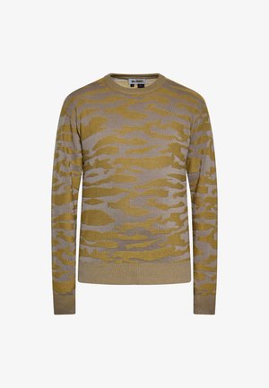 Jasnoszary sweter w wzór w kamuflaż w musztardowym żółtym. Prążkowany okrągły dekolt, długie rękawy oraz miękka faktura materiału.