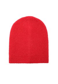 Punane kudumine beanie müts ümarate otstega, millel on tekstuuriga kudumine ja pehme, veniv kangas. Ei mingeid nähtavaid mustreid või aktsente.