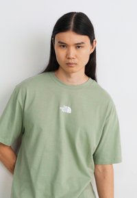 Lys grøn bomulds t-shirt med korte ærmer, rund halsudskæring og hvidt logo af "The North Face" på brystet. Glat tekstur.