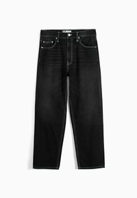 Jeans in denim nero con taglio dritto, cinque tasche e cuciture bianche a contrasto. Presentano una chiusura con bottone e passanti per la cintura.