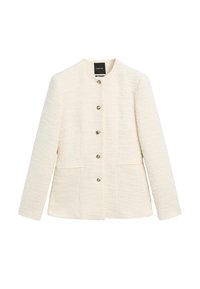 White textured jacket with a round neckline, button closure, and two front pockets. Features subtle stitching and silvery buttons.