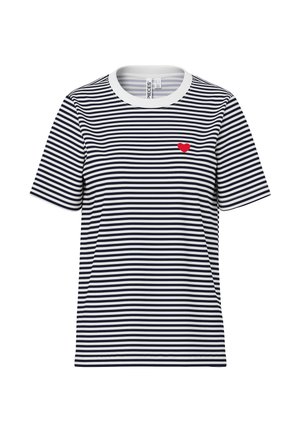 Cămașă cu mâneci scurte, dungi alb-negru, cu guler alb și o inimă roșie mică pe pieptul stâng.