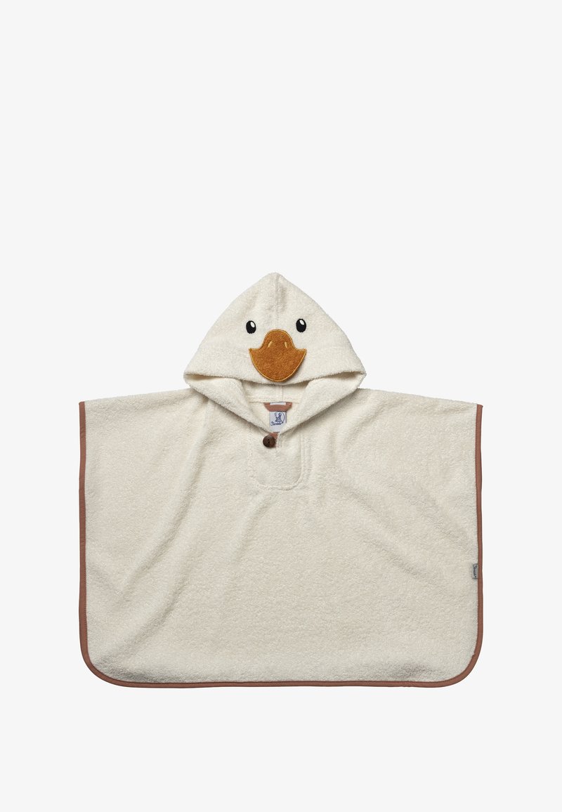 Weißer Kapuzenponcho mit Entengesicht-Design; aus weichem, strukturiertem Material; mit brauner Einfassung und vorderem Knopfdetail.